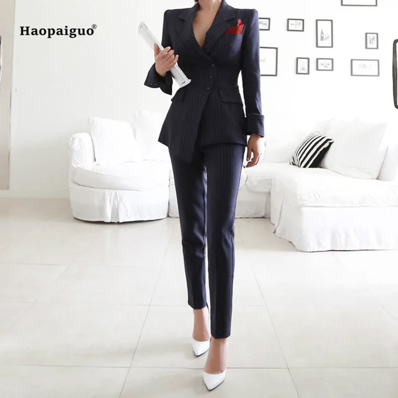 

2 Piece Set 2018 Women Blue Full Sleeveturn-down Collar Striped Suit Vintage Office Top and Full Length Pants 2018 Two Piece Set