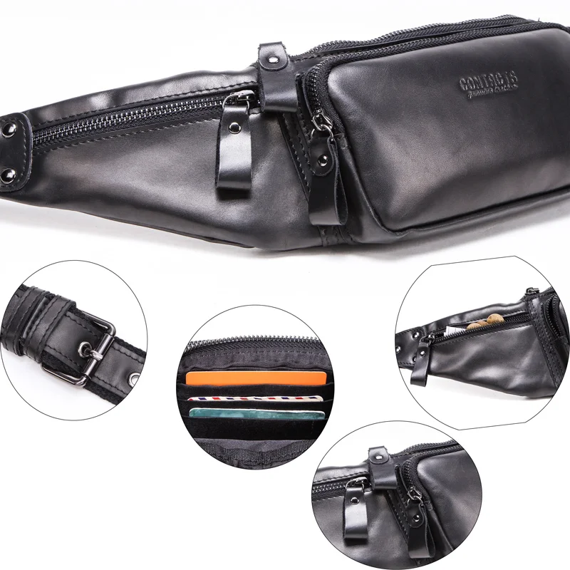 Bolsa de Cintura de Couro Genuíno para Homens, Casual Fanny Pack, Bolsa para Telefone Celular, Sacos Crossbody de Viagem, Fanny Bags Masculinos