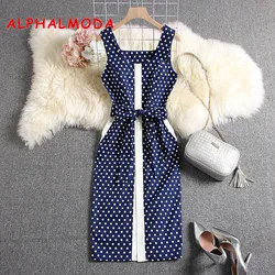 ALPHALMODA-Women's Elegant Dress, Sleeveless, Uncovered Buttons, Slim Fit Sashes, Mid-calf, Summer Fashion, 2019, New