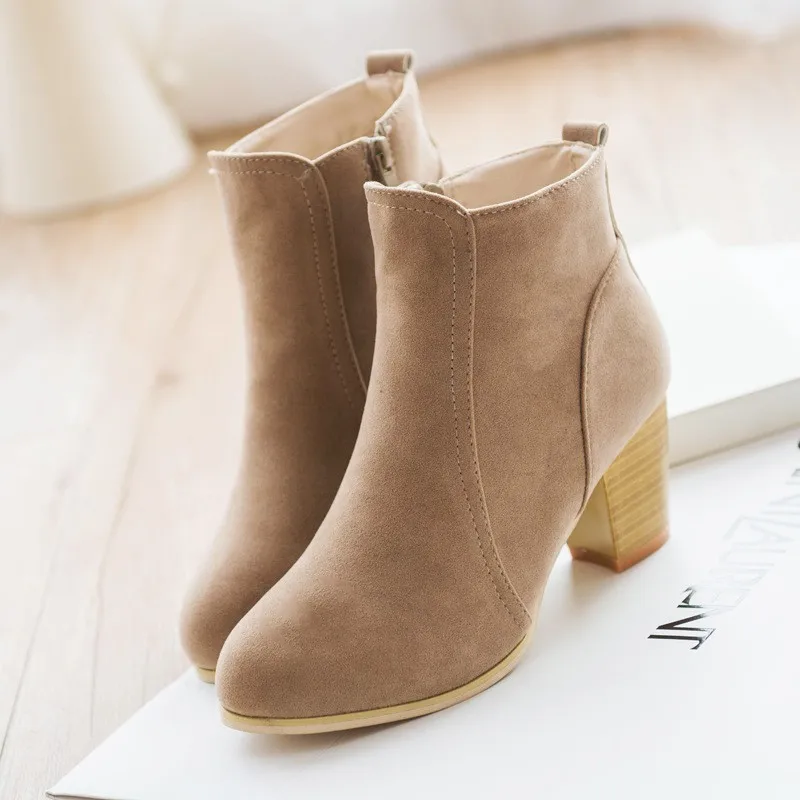 2016Hot new Autumn & winter short cylinder boots high heels boots women ankle boots Side zipper boots thick scrub