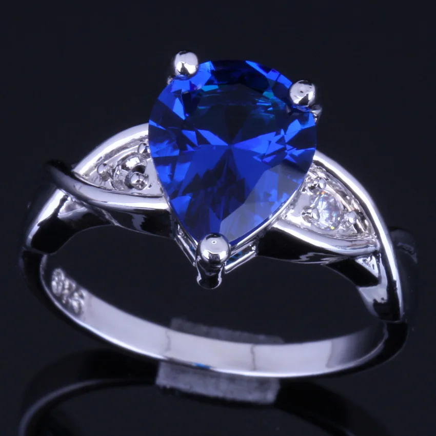Exquisite Pear Blue Cubic Zirconia White CZ Silver Plated Ring V0109