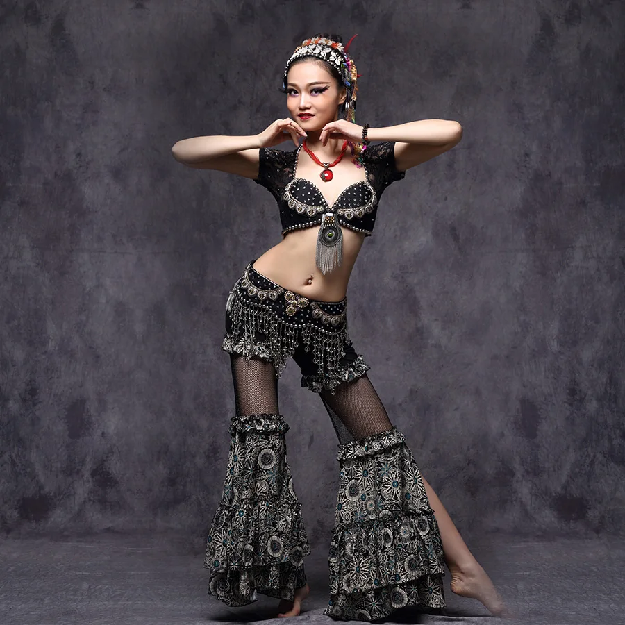 2018 Tribal Belly Dance Clothes 3pcs Outfit Sexy Lace Tops Belt and Pants Women Dance Costume Choli for Bellydance