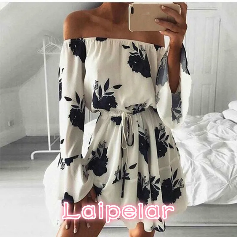 Fashion Women Slash Neck Lady off Shoulder Flare Sleeve Empire Waist Tunic Floral Clothes Laipelar