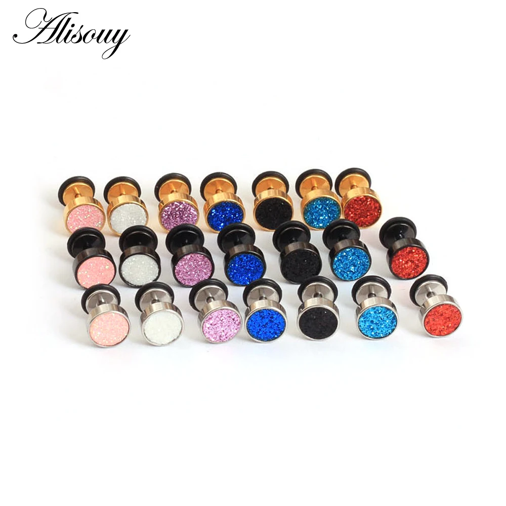 Alisouy 1Pair Black Gold Color Stainless Steel Barbell Round Stud Earrings Punk Women Men frosted Scrub Screw Ear Jewelry