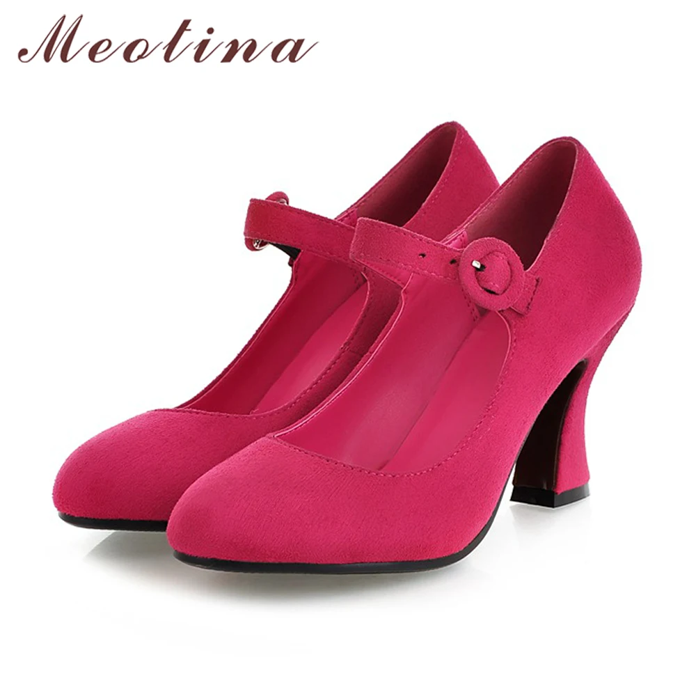 Meotina Women Shoes Mary Jane Pumps Thick High Heels Shoes 2019 Spring Round Toe Casual Shoes Autumn Plain Black Red Size 34-39