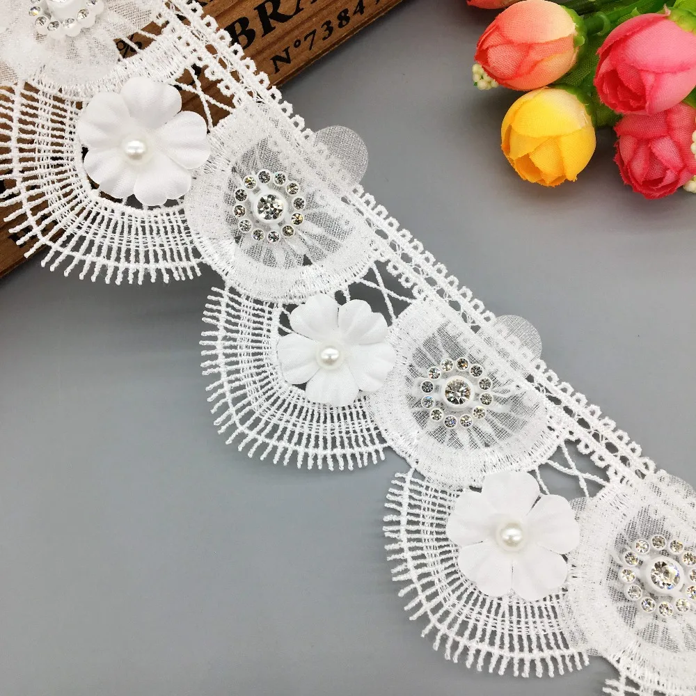 

1 Yard 75mm Wide Organza Flower Pearls African Lace Trim Fabric Beaded Rhinestone Ribbon Sewing Crafts For Wedding Dress Clothes