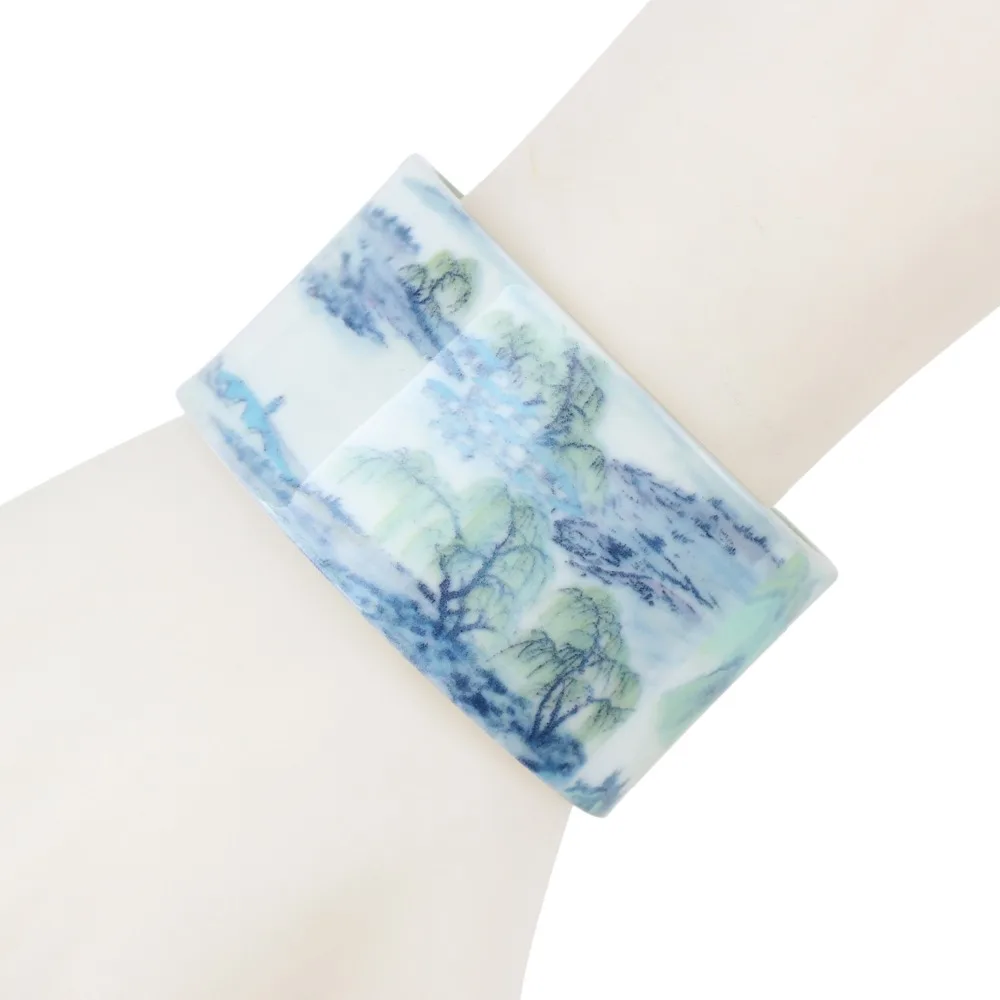 Bonsny Plastic Chinese Landscape Painting Vintage Bangles Bracelets Fashion Ethnic Retro Jewelry For Women Girl Ladies Gift Bulk