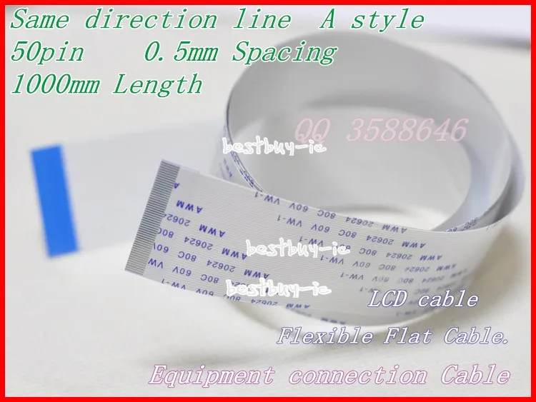 Kabel datar fleksibel FFC kawat lunak garis arah A/A/50pin panjang 0.5mm + jarak 1000mm. 50P * 0,5 A * 1000MM