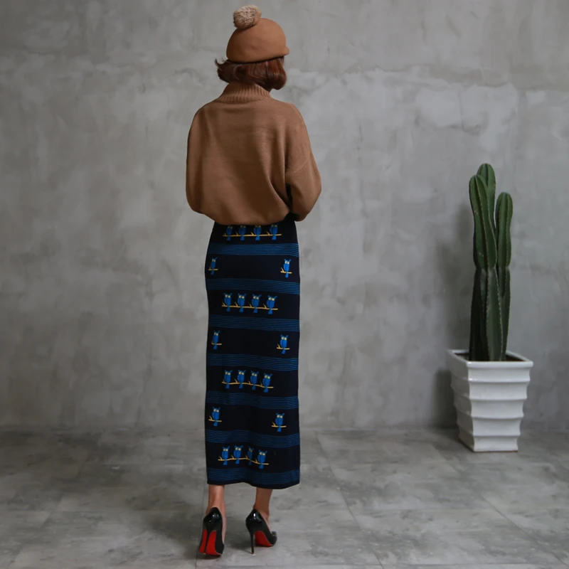 Free Shipping 2020 New Woolen Knitted Long Maxi Skirt High Waist Straight Elastic Cartoon Vintage S-XL Winter Skirts For Women