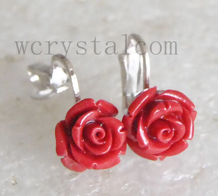 Rose Flower Red Coral Sterling Silver Ear Clip on Earrings