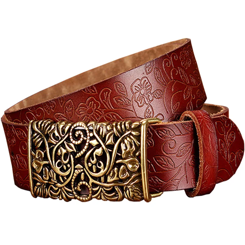 Fashion genuine leather belts for women Vintage floral Pin buckle belt woman Quality second layer cow skin strap female wide 3.2