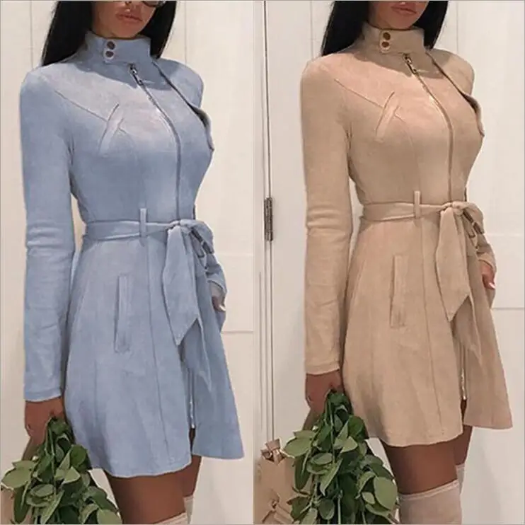 

Elegant Women Long Coat 2019 Autumn Winter Sash Suede Trench Coat Slim Casual Pockets Windbreaker Outerwear Female Overcoat