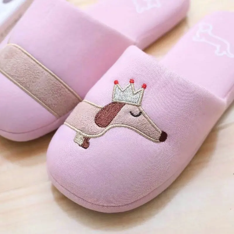 Drop Shipping Women\'s Fuzzy Pink And Light Blue Dog Plush Cotton Slippers Slip On Dachshund Female Slippers