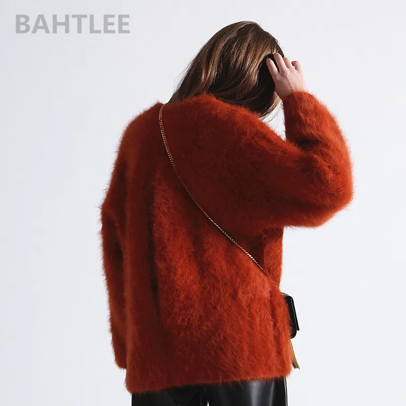 BAHTLEE-Women\'s Angora Knitted Pullovers, O-Neck Sweater, Mink Cashmere, Butterfly Sleeves, Very Thick, Keep Warm, Loose, Autumn