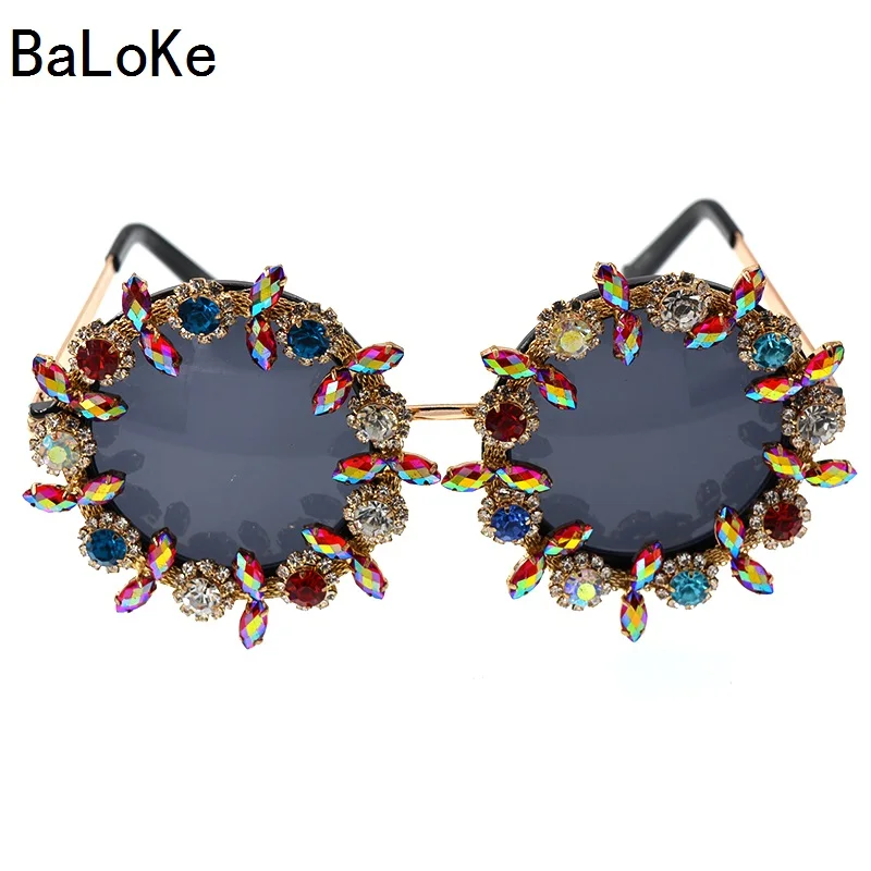 Retro Sunglass Fashion Women Colorful Crystal Decoration Baroque Sunglasses Shining Rhinestones Outdoor Black Glass