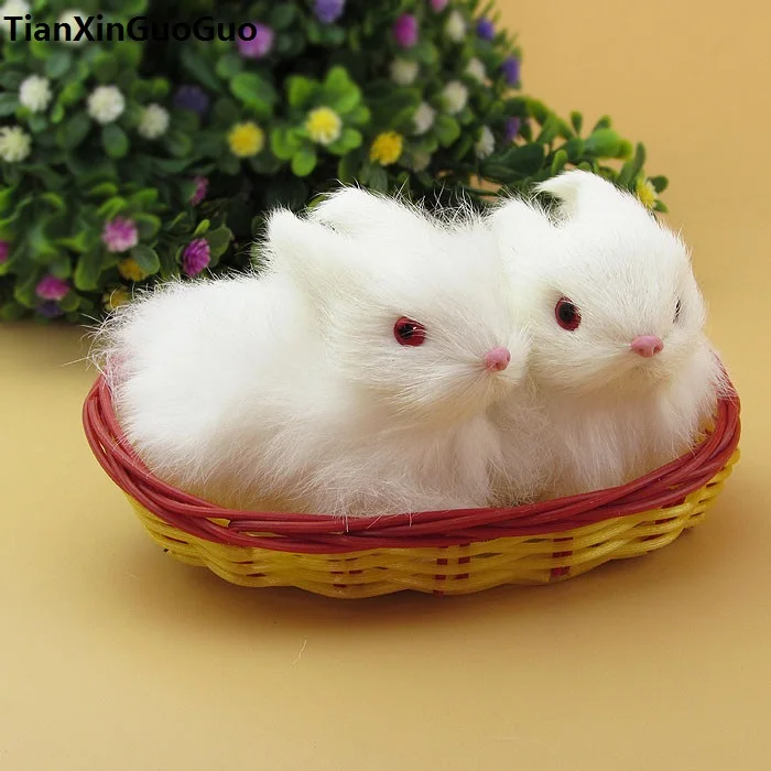 about 11x7cm simulation white rabbit with basket hard model polyethylene&furs two rabbits in one basket ,decoration gift s1694
