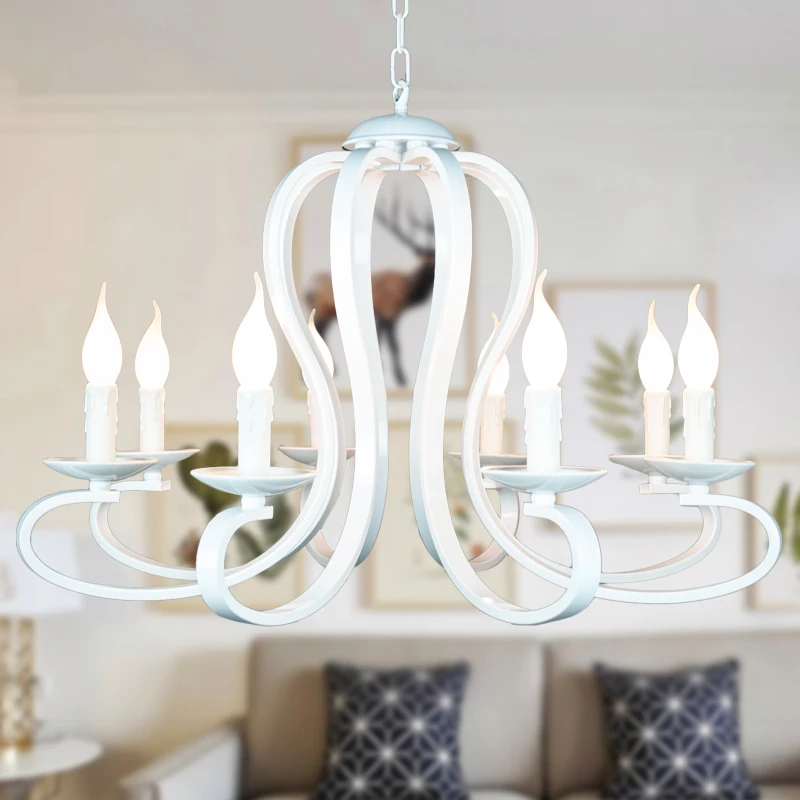 Nordic American Coutry Style Modern Candle Chandelier Lamps Fixtures Vintage White/Black Wrought Iron  Home Lighting E14