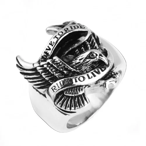 Bague de motard en acier inoxydable plaqué or noir, bijoux punk SION L, document argenté, Live To Ride Eagle