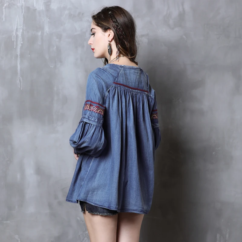 Áo sơ mi Nữ 2018 Yuzi. có thể Boho New Denim Phụ Nữ Áo V-Cổ Dài Đèn Lồng Tay Áo Cổ Điển Thêu Loose Blusa Feminina B9261