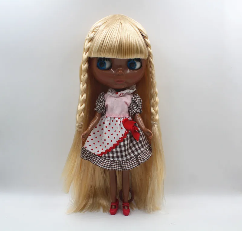 Blyth doll light golden bangs hair is a new skin doll common body 7 joint deep black skin DIY doll can change makeup look