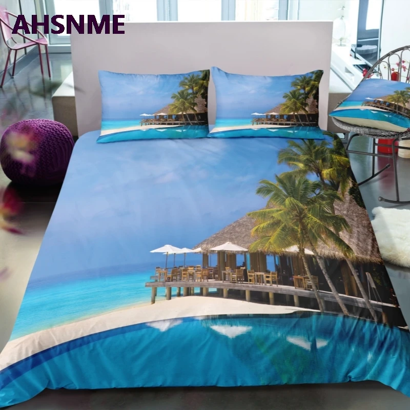 AHSNME Summer Seaside Quilt cover Set Blue Sky Sun Beach Coconut Tree 3D Effect Bedding Set can photo Customized King Bed Set