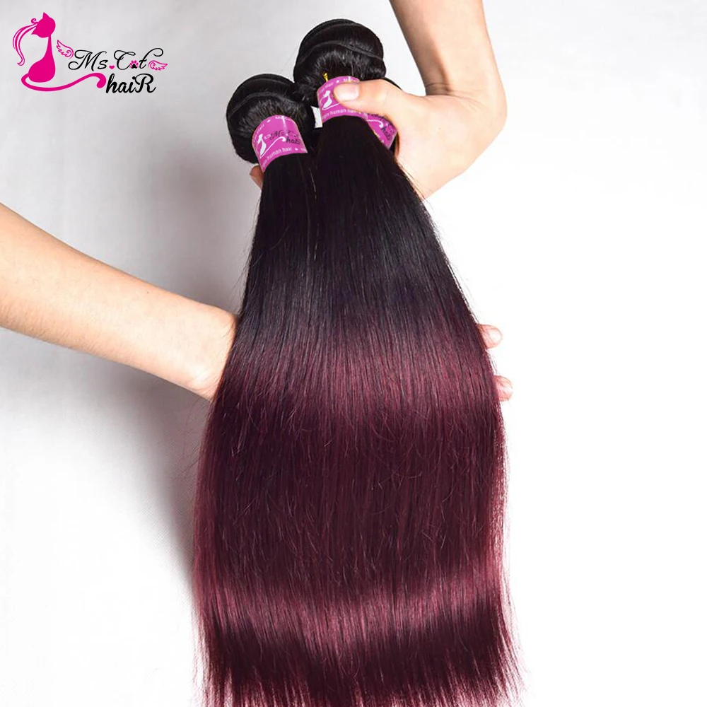 Ms Cat Hair Ombre Brazilian Straight Hair 1B 99J/Burgundy Two Tone Human Hair Bundles 3 Bundles Deal Remy Hair Free Shipping