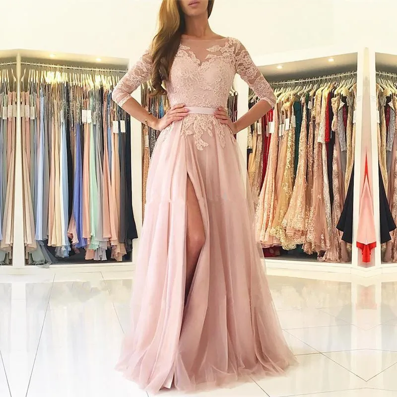 Blush Pink Bridesmaid Dresses For Women A-line Half Sleeves Tulle Lace Long Cheap Under 50 Wedding Party Dresses