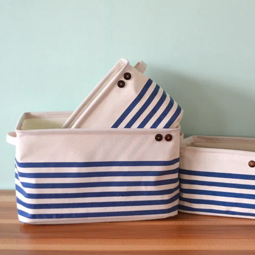 

Pink/Blue Navy Stripe With Handle Crown Linen Zakka Vintage Storage Laundry Basket Fold S/M/L/XL