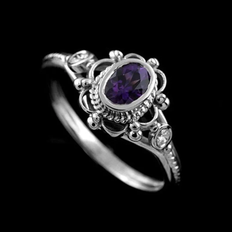 OMHXZJ Wholesale European Fashion Woman Man Party Wedding Gift Silver Oval Red Purple Amethyst AAA Zircon Taiyin Ring RR325