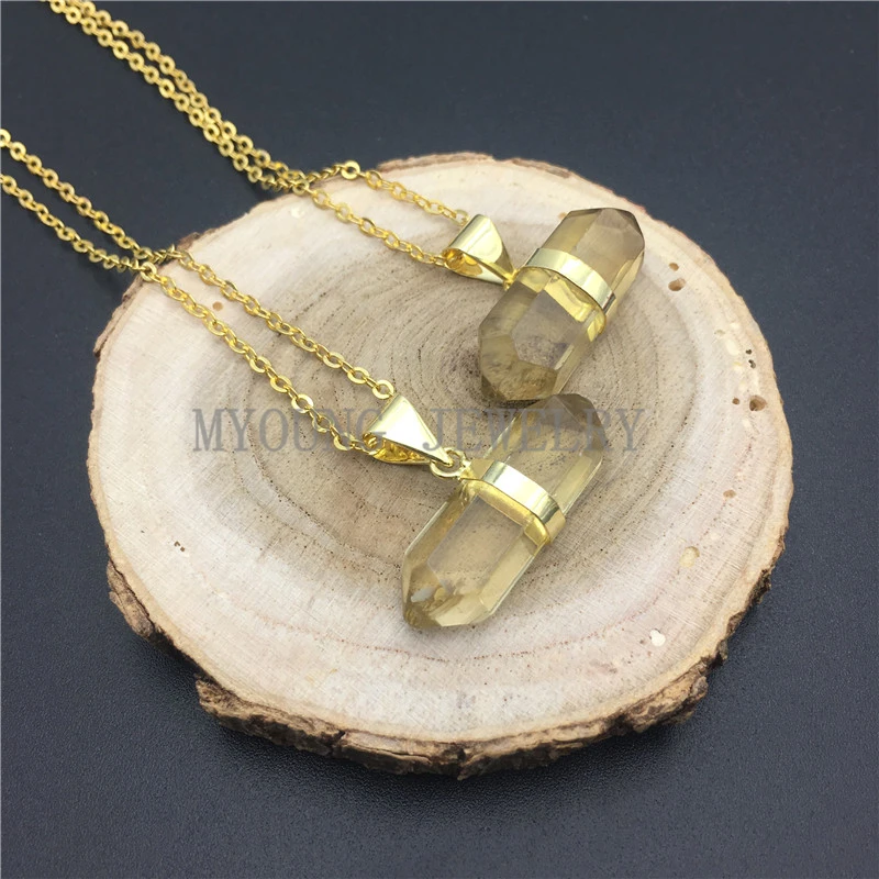 

MY0915 Yellow Crystal Quartz Prismatic Pendant Double Terminated Pencil Point Charm With Gold Electroplated Chain Necklace