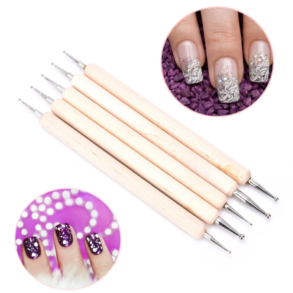 Professional 5 Pcs/lot 2 Way Nail Art Wood Pen DOTTING Marbleizing Painting Tool Easily Pick Up Pen Manicure