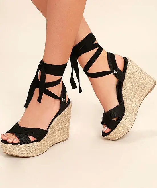 

Carpaton Blace Lace-up Espadrille Wedge Sandals Summer Peep Toe Platform Shoes Sexy Cutouts Platform Sandals Black