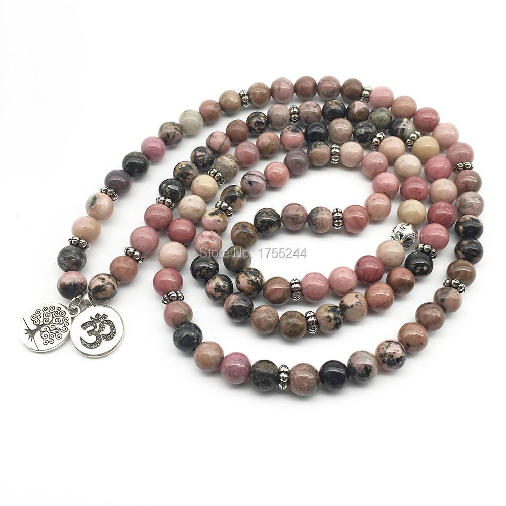 SN1374 Ohm Tree of Life Beaded Bracelets 108 Mala Bracelet For Women Natural Black Vein Rhodonite Stone Bracelet