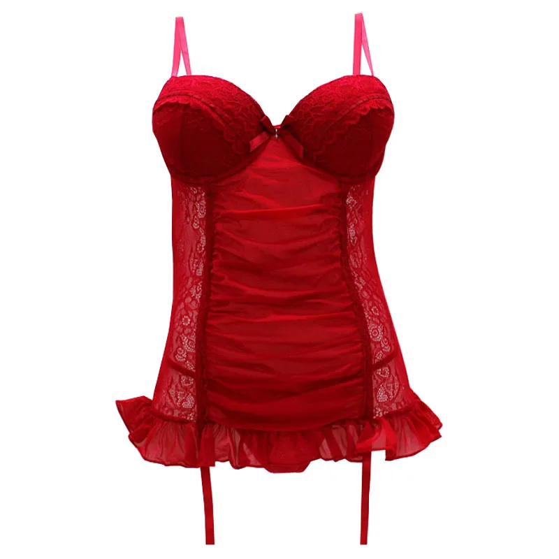 Christmas Women Corsets Sexy Lace Underwear With  Underwire Cup Bra Ruffles Red /Black Underwear sets thong S M L XL   NO.JL141