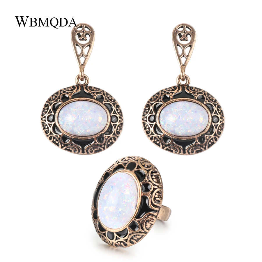 2 Pcs/lot Vintage Big Opal Stone Ring Earrings For Women Black Enamel Antique Gold Jewelry Sets Bohemian Jewellery