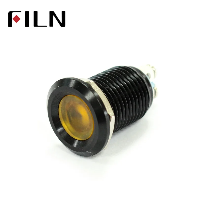 Lampe de signalisation noire étanche de 12mm, indicateur lumineux LED en métal, lumière plate, connexion à vis 12V