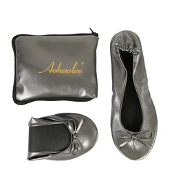 Pewter Shoe Flats Portable Fold Up Ballerina Flat Shoes Roll Up Foldable Ballet After Party Shoe For Bridal Wedding Party Favor