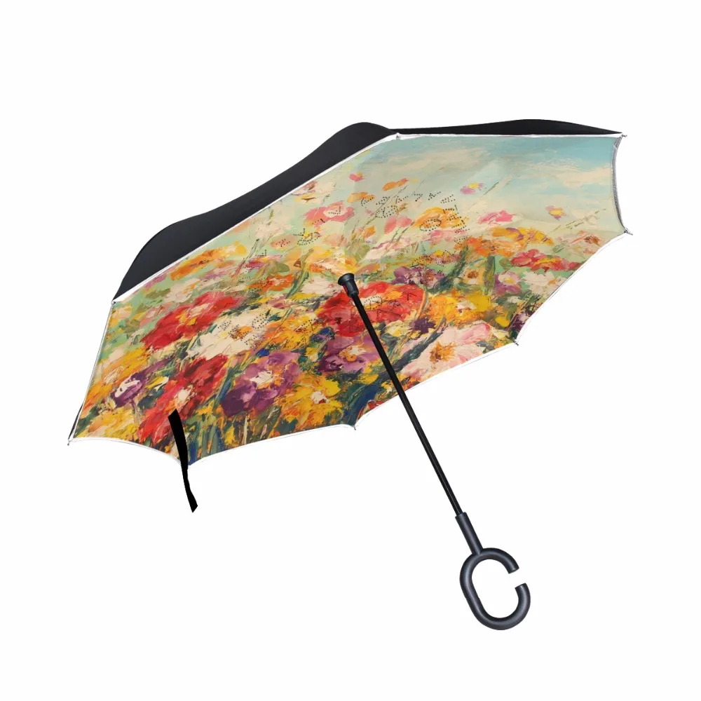 Oil Printing Flowers Windproof Reverse Umbrella Double Layer Long Shank Inverted Creative Customized Travel Size Rain Protection