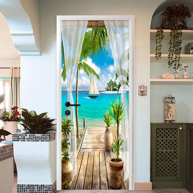 

Photo Wallpaper 3D Balcony Seaside Landscape Murals Living Room Dining Room Door Sticker Creative DIY Scenery Wall Papers Decor