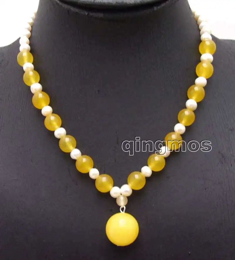 SALE 6-7mm Natural White Pearl & 8mm yellow bead and 18mm yellow Pendant 17