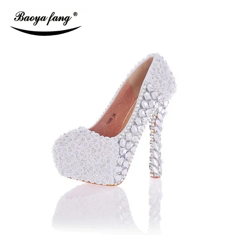 Silver crystal and flower wedding shoes Women high heels platform shoes big size leather insole party dress shoes female shoes