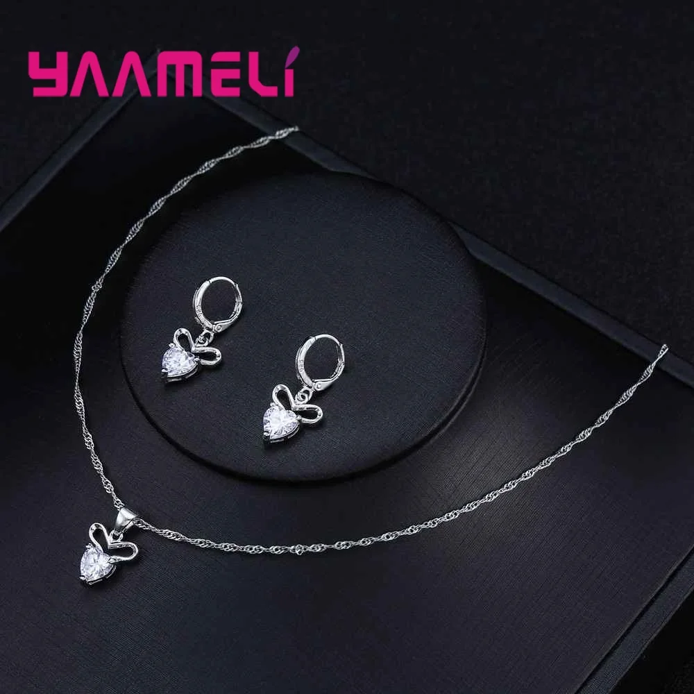 Hot Sale Women Engagement 925 Sterling Silver Jewelry Sets With Heart Austrian Crystal Charm Pendants Necklaces Earring Set Lady