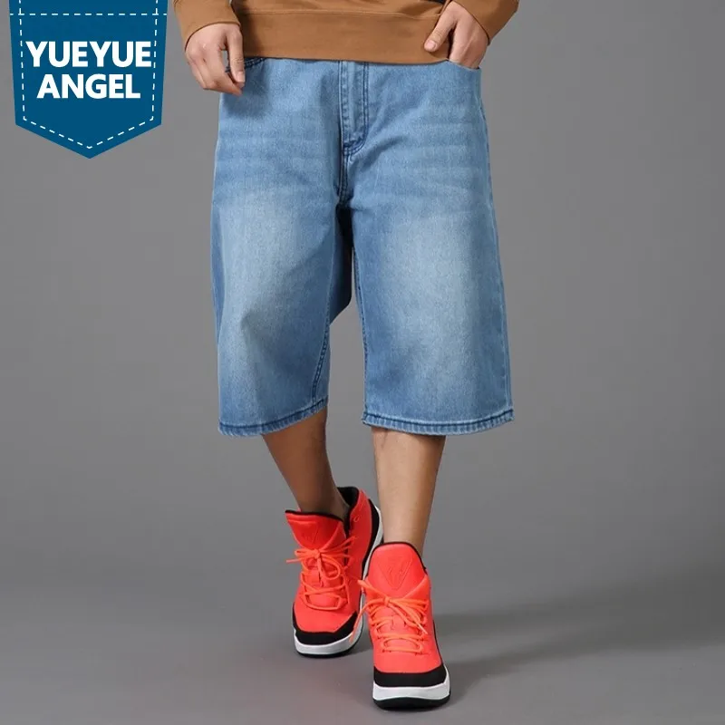 

New Plus Size 30-46 Mens Cargo Denim Shorts Blue Loose Fit Streetwear Baggy Straight Jean Shorts For Male Calf-Length Pants