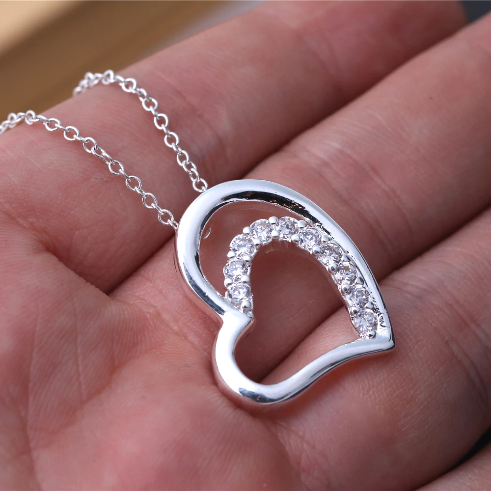 WQQCR 100% 925 Silver colorRomantic Heart & Love Pendant Necklaces For Women Fashion Jewelry Fine Gift + Necklaces