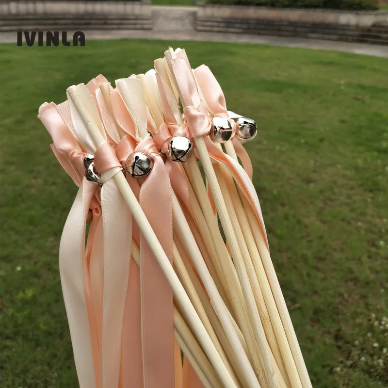 50pcs/lot coral and champage wedding ribbon wands with big bells for wedding decoration