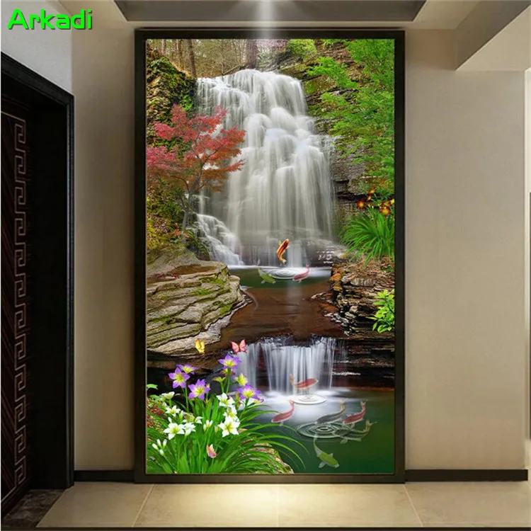 

3D Three-dimensional photo landscape water wealth waterfall forest eel mural Xuanguan aisle background wall corridor vertical