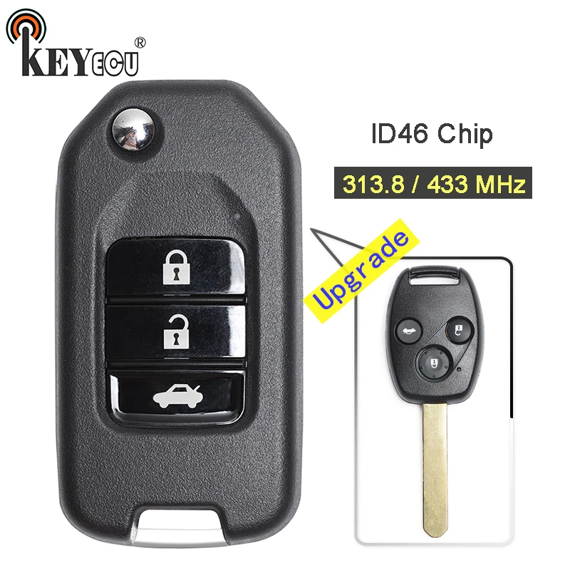 

KEYECU 313.8 / 433MHz ID46 Chip Upgraded Flip Folding 3 Button Remote Key Fob for Honda Civic