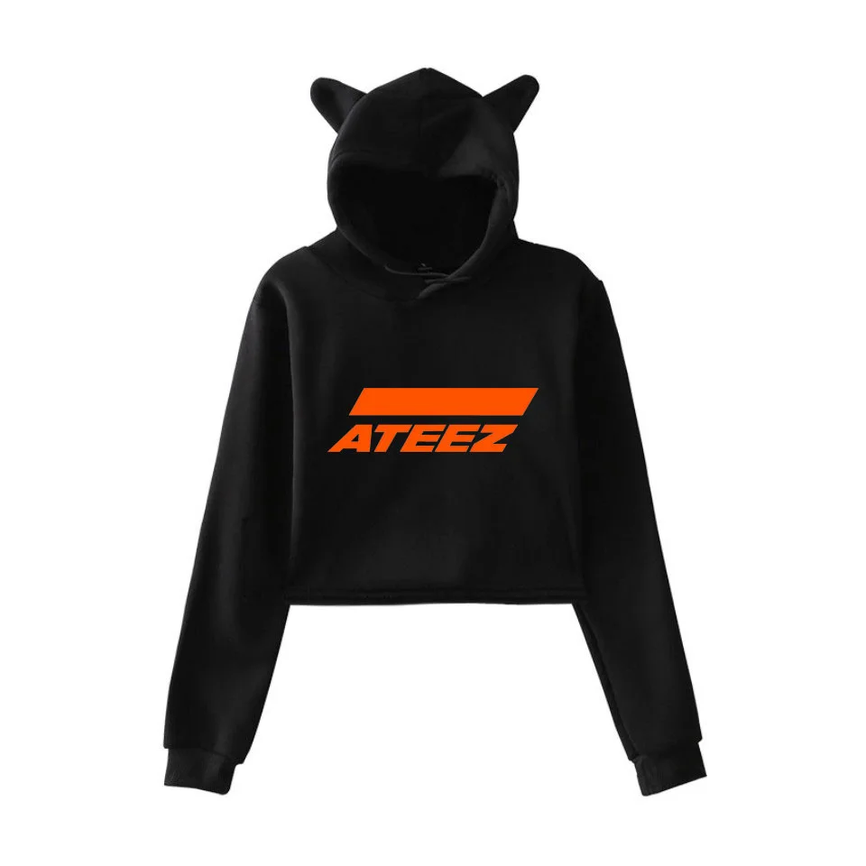 Korean Fashion KPOP ATEEZ Kawaii Crop Top Hoodie Funny Cat Ear Cropped Short Sweatshirt Hooded Pullover Women Tops Streetwear