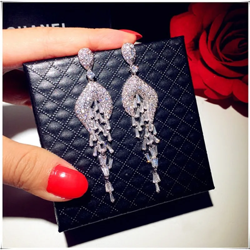 

Drop Earrings For Women S925 Sterling Luxury Cubic Zirconia Hyperbole Long Tassels Bridal Wedding Brincos Fine Jewelry