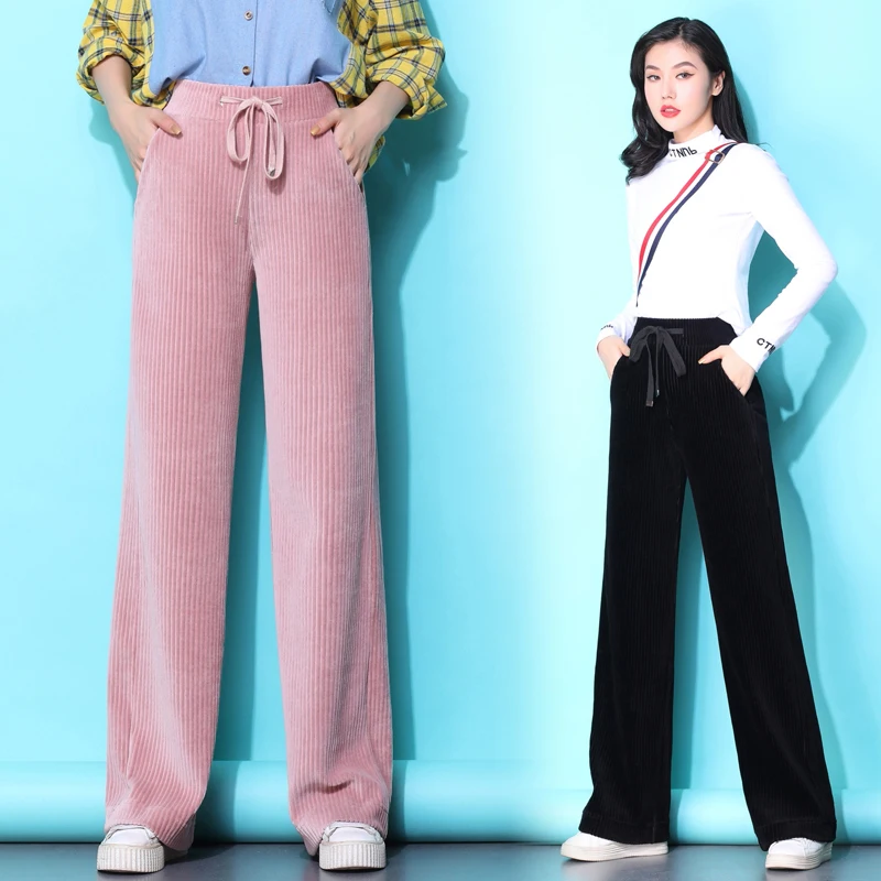 

Fashion new solid color corduroy women's spring and autumn retro high waist was thin casual tie straight trousers pantalones